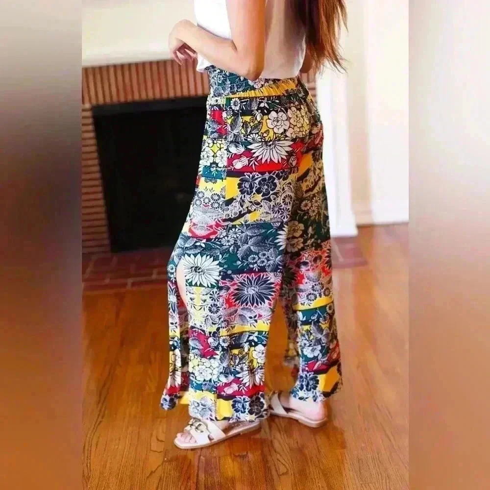 Vacay Vibes Teal Floral Smocked Waist Side Slit Palazzo Pants